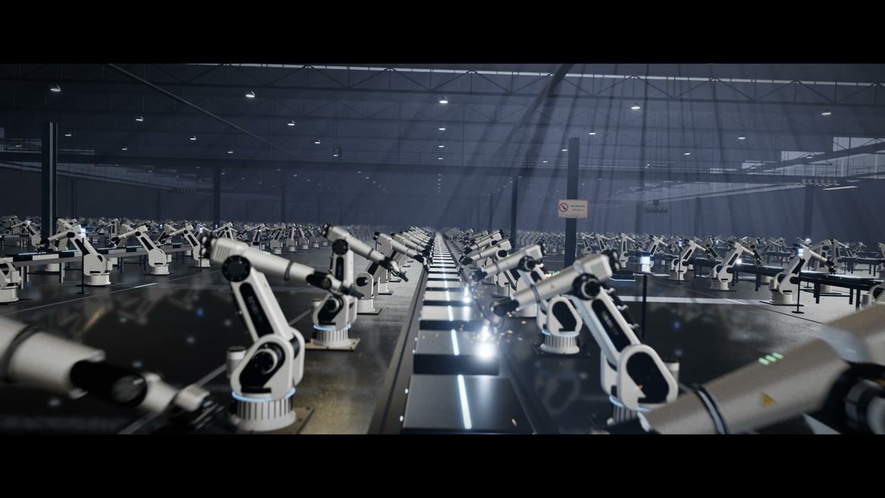 Blue industrial hall filled with robotic arms